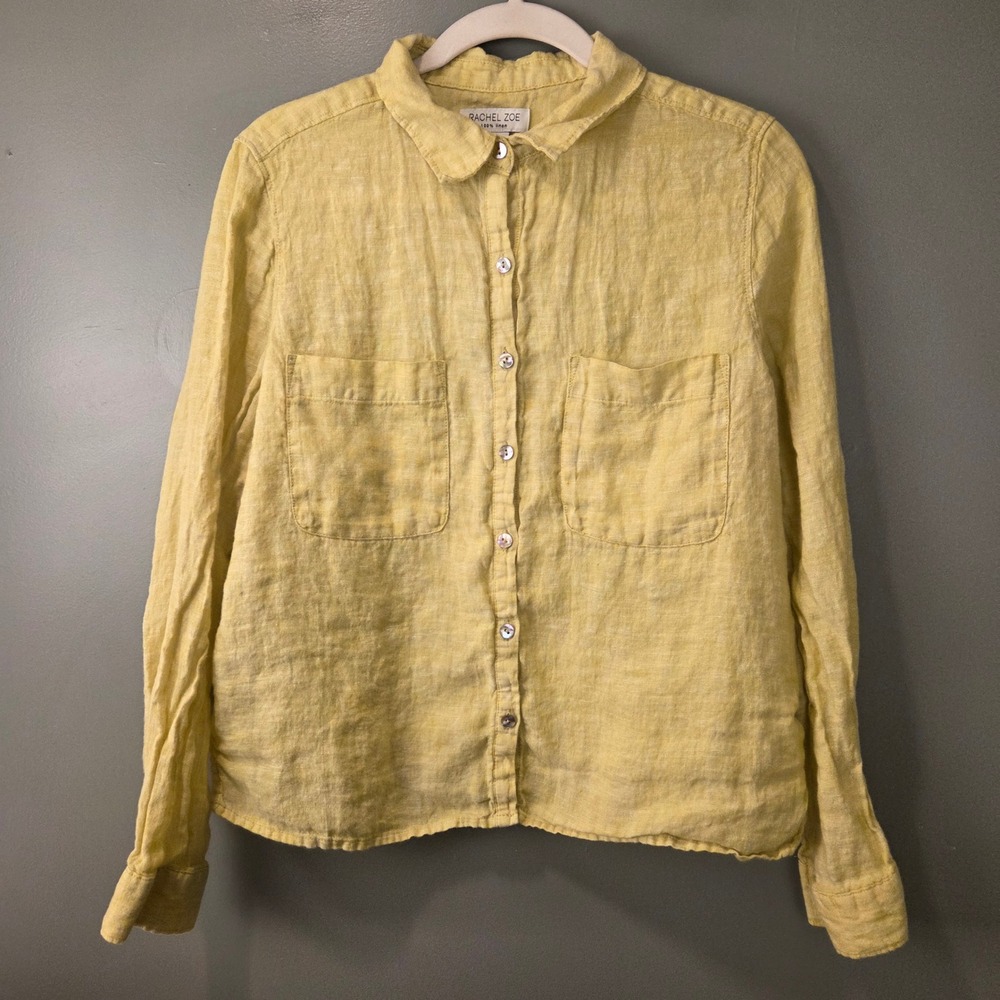 Rachel Zoe Women's 100% Linen Button Up Shirt Yellow Green Size M